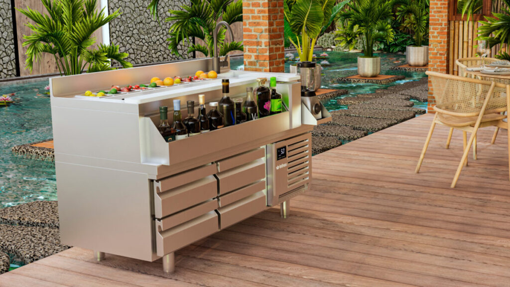 Mesa cocktelera modular y refrigerada